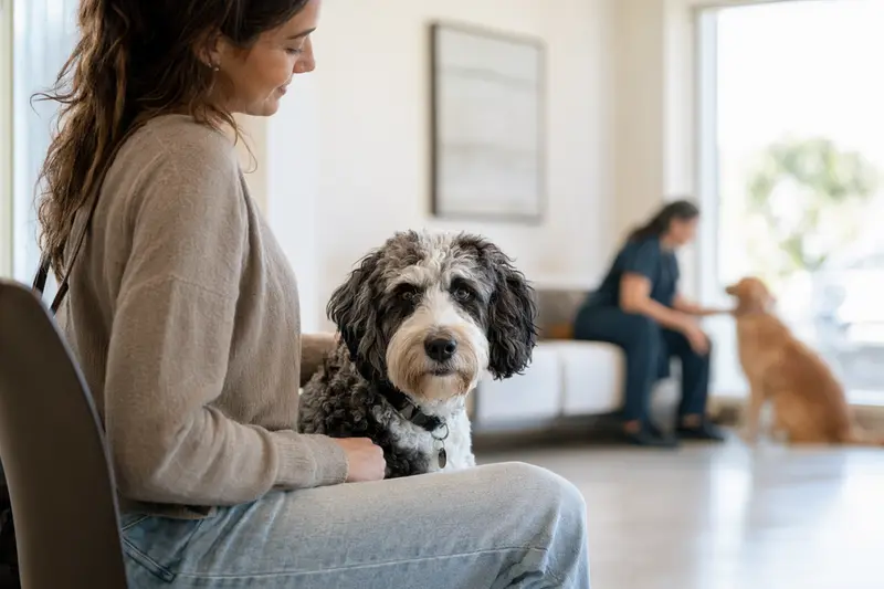 Ein ruhiger Aussiedoodle Hund sitzt im hellen Wartezimmer einer modernen Tierarztpraxis neben seinem Besitzer.